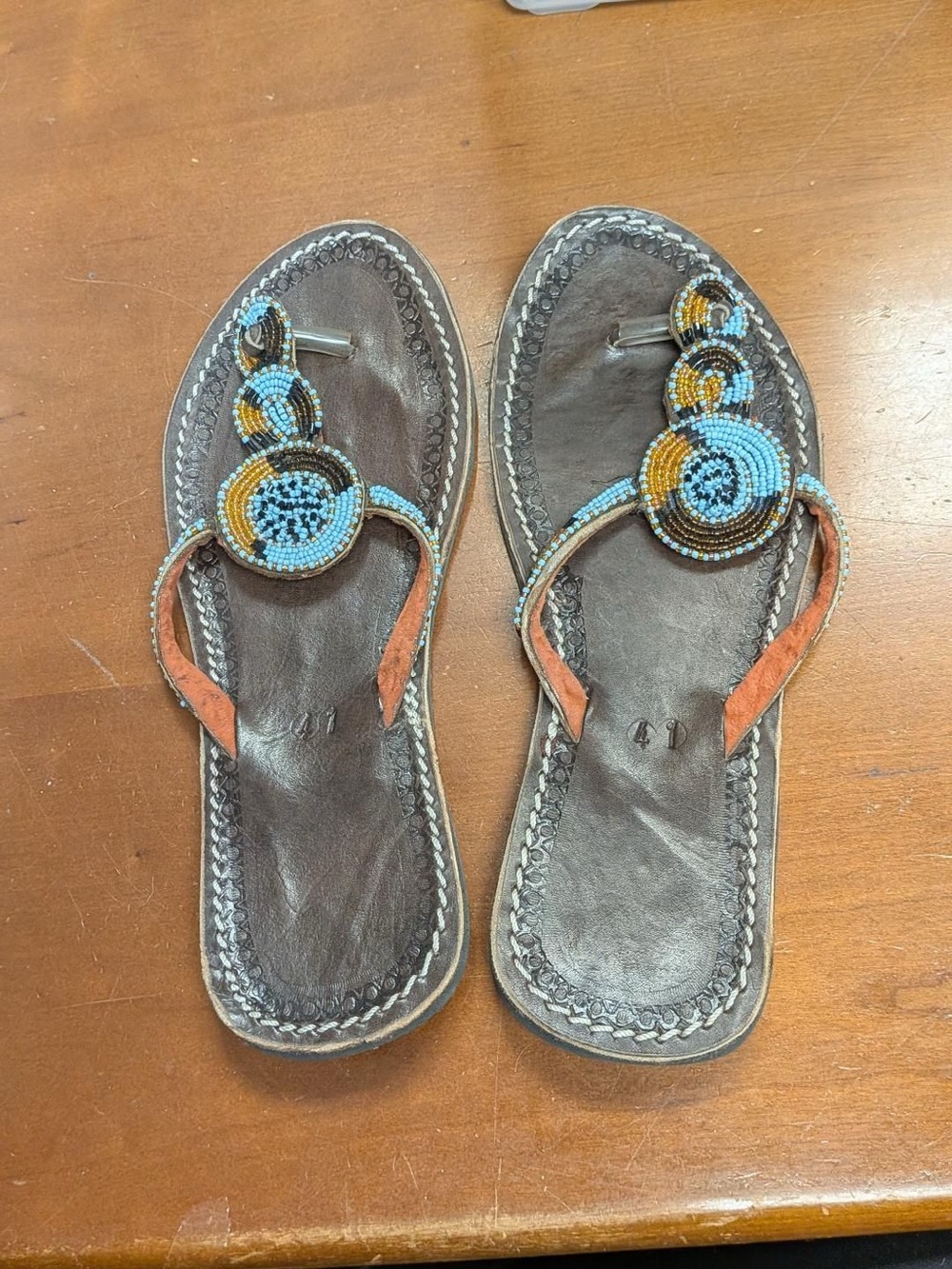 Women’s Beaded Brown Leather Thong Sandals - Blue & Orange Accents